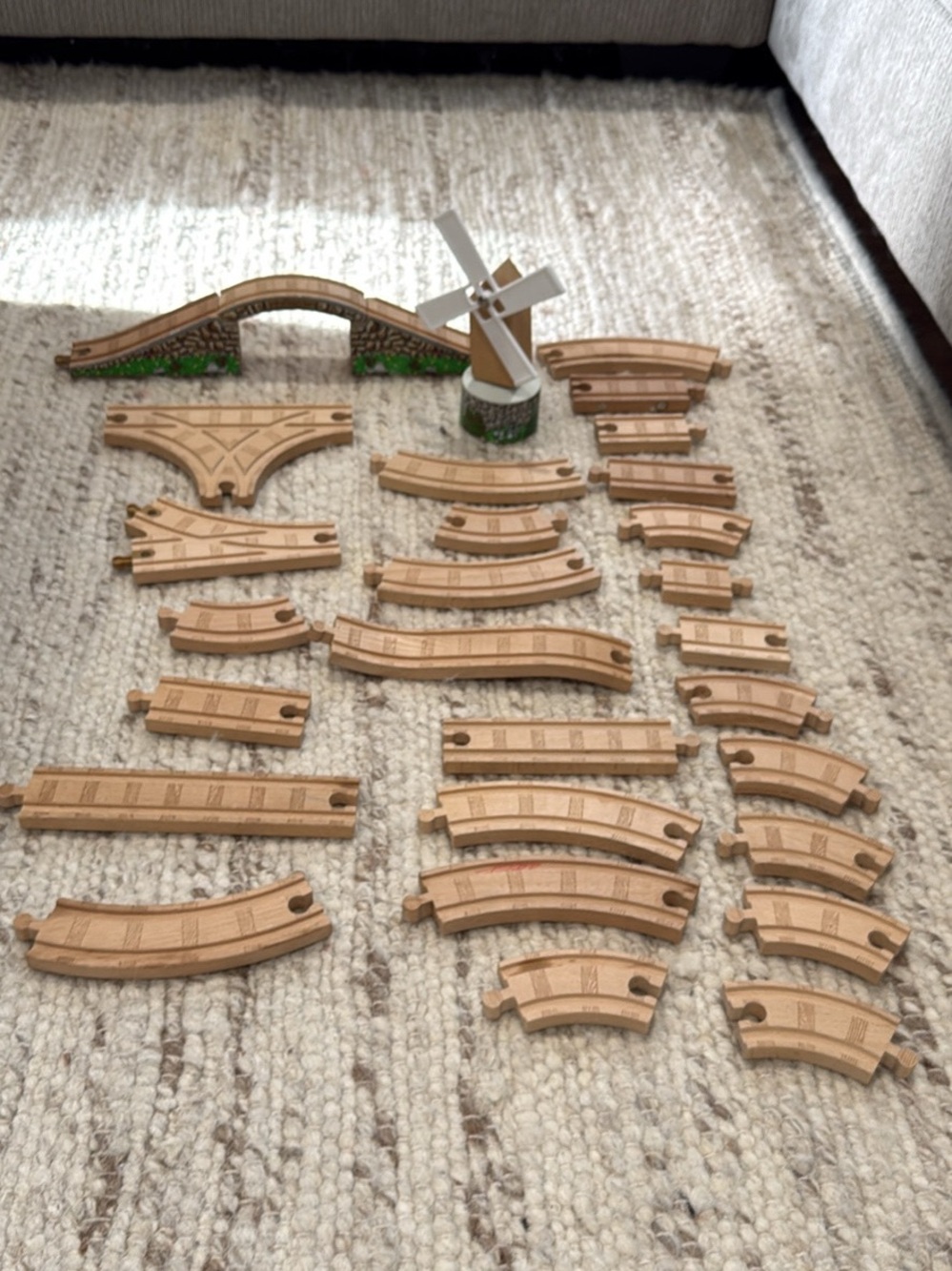 31 Wooden Train Track Set Pieces with Bridge & Windmill - Natural Wood